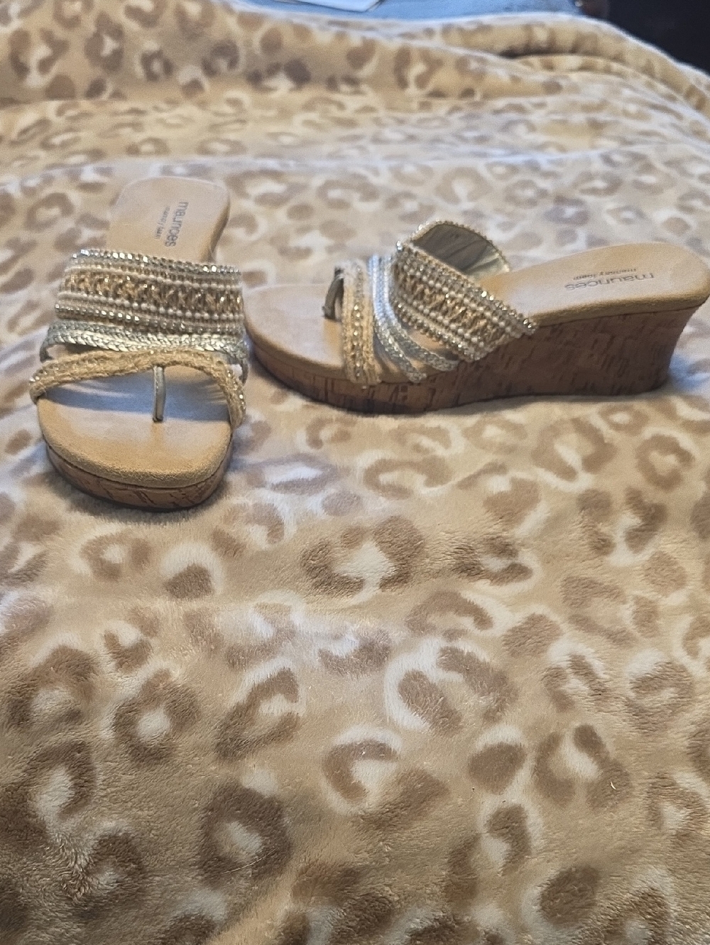 Maurices Gold and Cream Beaded Wedge Sandals